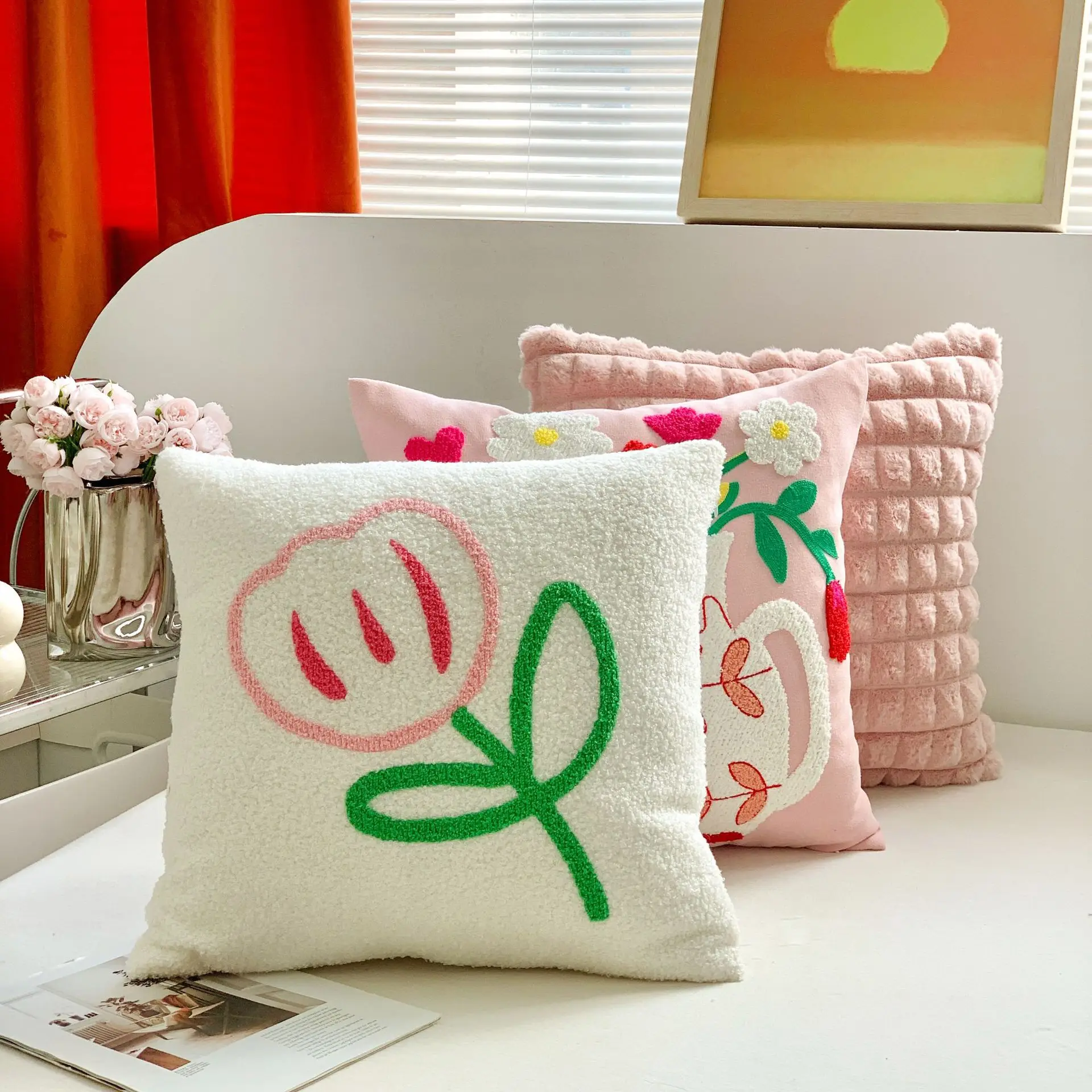 

45x45cm Throw Pillow Cover Decorative Cushion Tulip Home Living Room Sofa Pillow Cover Embroidered Flower Pillow Cover