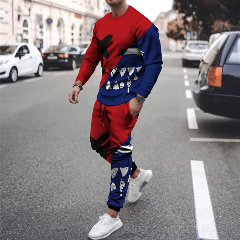 New Arrival  Men's Clothing Summer Sports Suit 3d Print Smiley Casual Sets Outfits Fashion Long Sleeves T-shirt+Pants Tracksuit