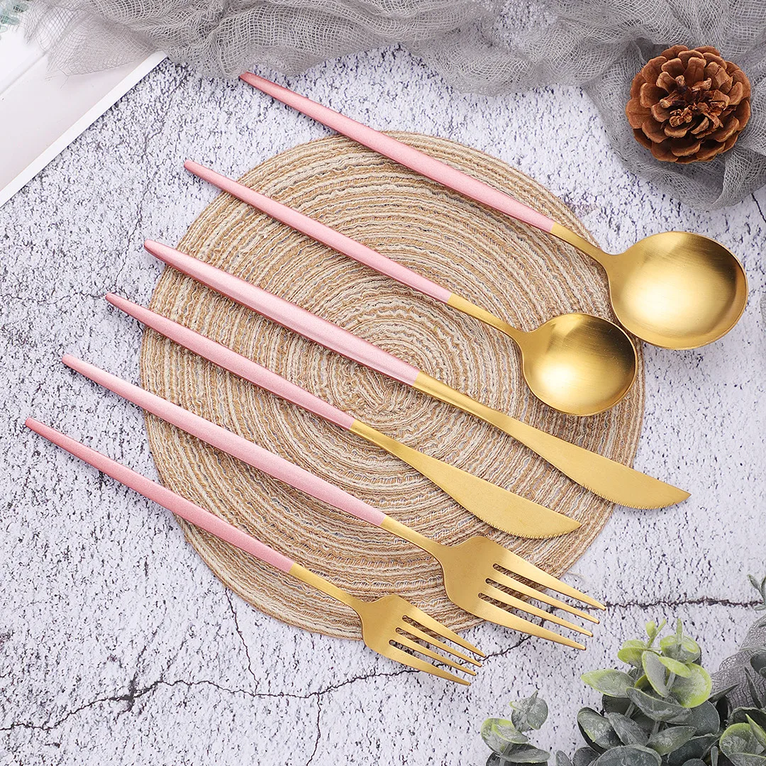 

Pink Gold Cutlery Set 18/10 Stainless Steel Dinnerware Set Luxury Tableware 6Pcs Matte Knife Fork Spoon Kitchen Flatware Set