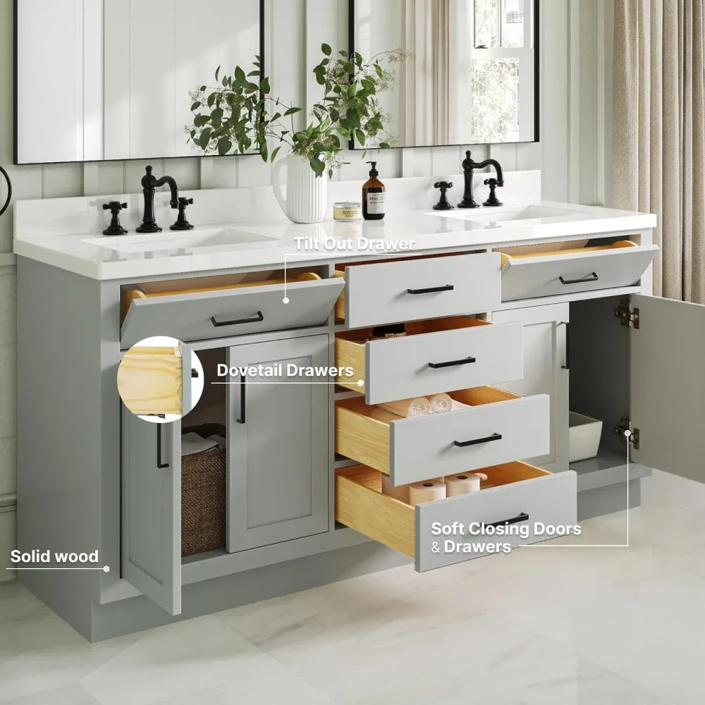 Double Bathroom Vanity 73" Grey, 1.5" Edge Pure White Quartz Countertop & Splash, Sinks, 4 Soft Closing Doors, 6 Full Extension 3