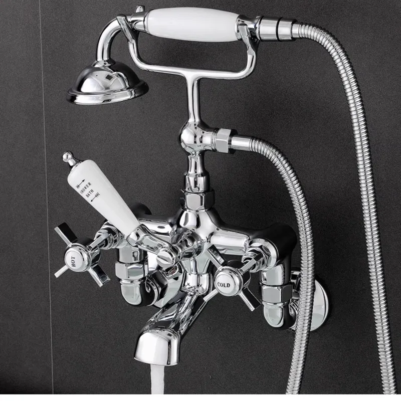 Bathroom Bathtub Faucet Set Brass Wall Mounted American Style Classical Cross Handle Gold Chrome Finished Wall Mounted 4