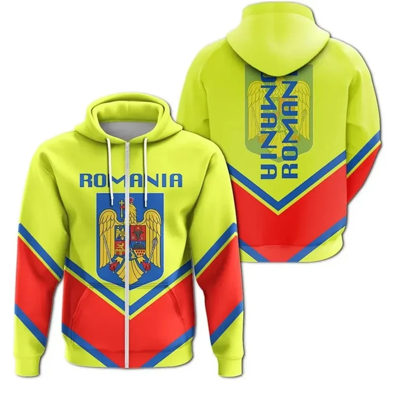 thumbnail image 1 of Sudadera con cremallera y estampado 3D de la bandera de Rumania para hombre, sudaderas con capucha y emblema rumano, sudaderas holgadas de manga larga a la moda para la calle, 1 of 5