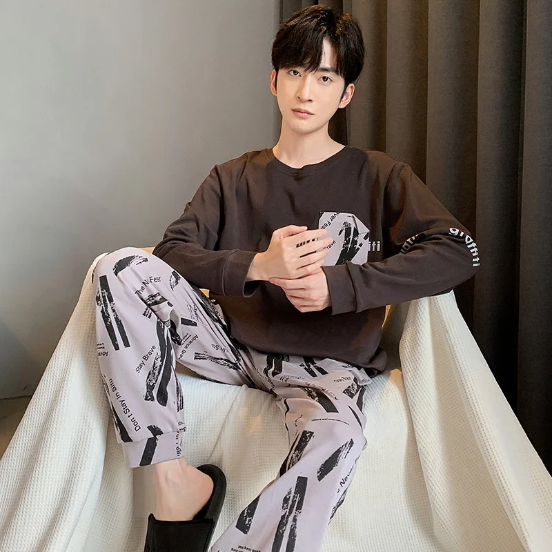Autumn And Spring Large Size 3XL Pure Cotton Adult Letter Print Men's Pajamas Set Casual Loose Long-sleeved Home Clothes