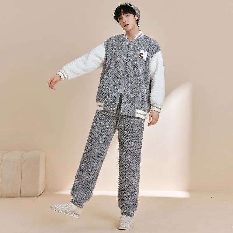 Male Baseball Collar Flannel Home Clothes Outside Wear Autumn Winter Pajamas Men Loose Simple Casual Two-piece Loungewear Suit