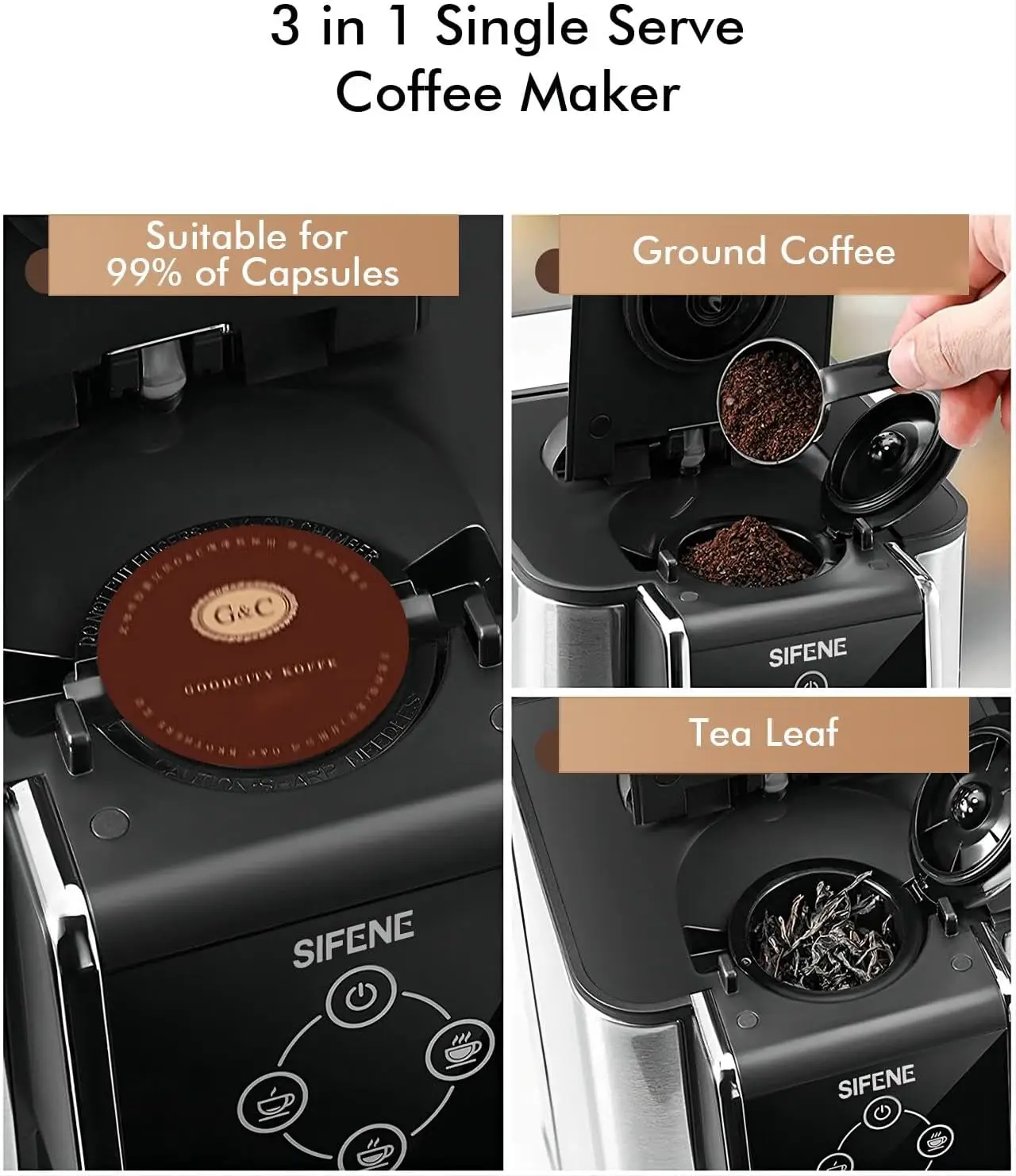 SIFENE Single Serve Coffee Maker, 3-in-1 Quick Brew for Coffee Pods, Ground Coffee, & Loose Tea, 1150W, Compact, Black