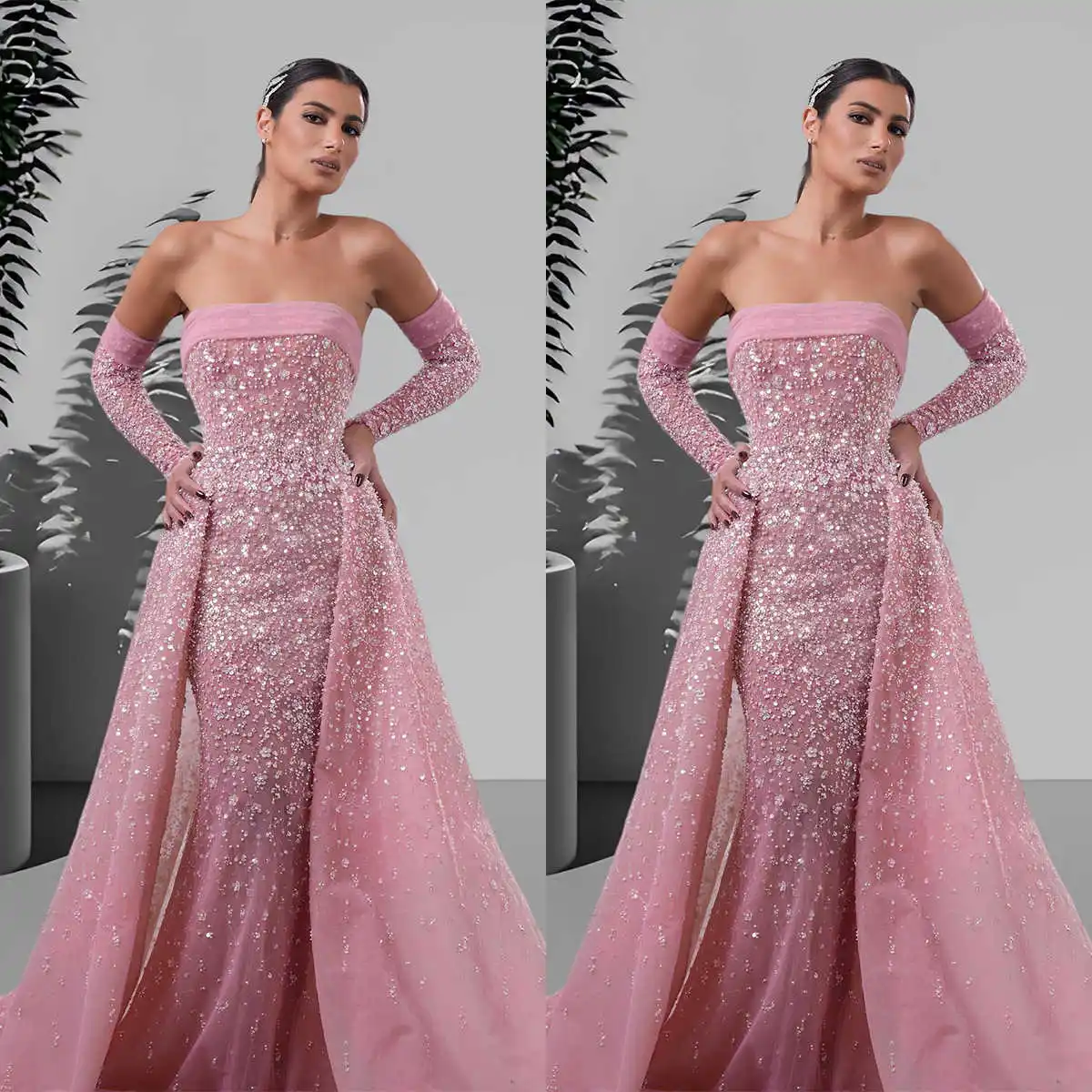 

Shiny Mermaid Gown Wedding Dresses Strapless Sequins Beading Sleeveless Bridal Sweep Train Gowns Big Size Custom Size Colour