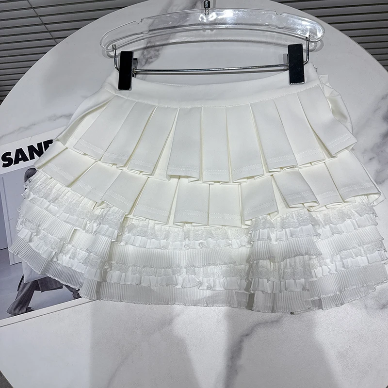 DEAT 2025 Autumn New Sweet Style Lace Patchwork Pleated Skirt For Women Casual Solid Color Cake Skirts Female Trendy 11A06220