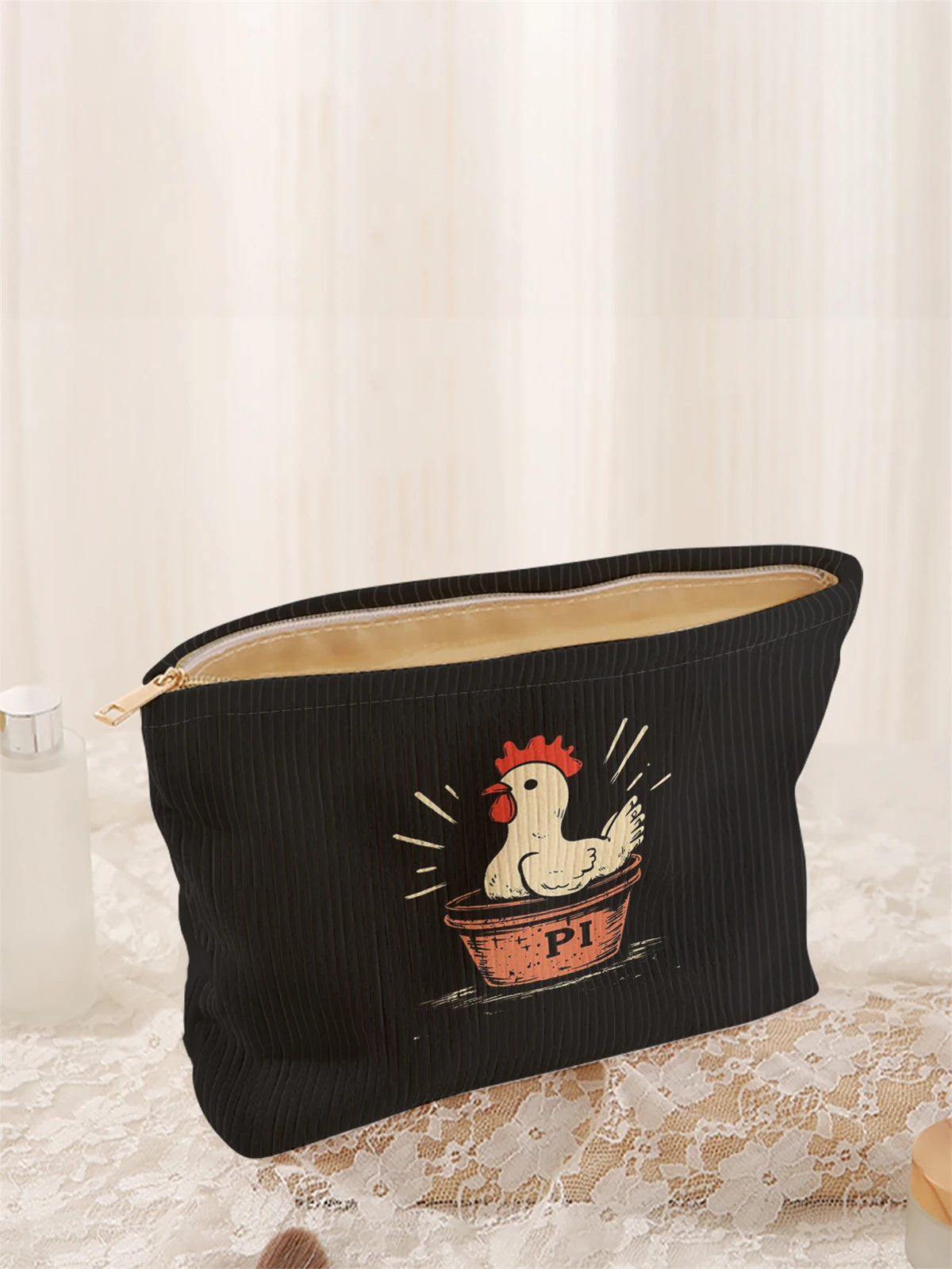 1 hen patterned corduroy makeup bag, lightweight zipper makeup storage box, multifunctional bag with lining