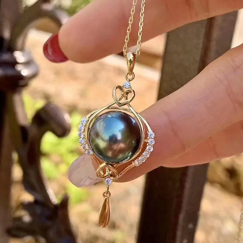 

Pretty Design AAA+++ 10-9mm Tahitian Black Round Pearl Pendant Necklace 925s