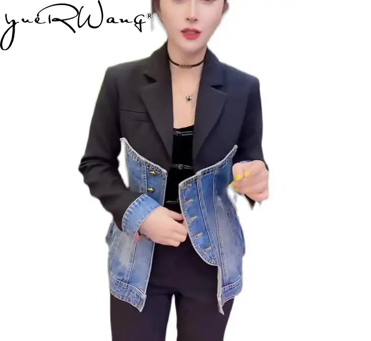 

yuerwang Women Blazer Denim Stitched Single Breasted Long Sleeve Ladies Blazer Coat Fashion Black Women's Slim Suit Jacket 2023