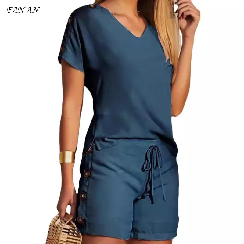 

2024 Summer Pre-fall Women's Casual Fashion Solid Color Comfortable V-neck Top with Buttons Decorated Loose Shorts Two-piece Set
