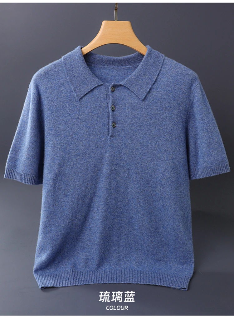 قميص بولو رجالي قصير الأكمام من الكشمير 100٪ للأعمال والملابس غير الرسمية، سترة للربيع والصيف