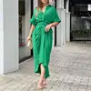 2025 Spring Summer New Women's Elegant Solid Color Wrinkled Lace-up Midi Dresses Female Fashion Print Button Lapel Shirt Dress 1