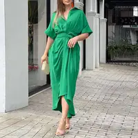 2025 Spring Summer New Women's Elegant Solid Color Wrinkled Lace-up Midi Dresses Female Fashion Print Button Lapel Shirt Dress 1