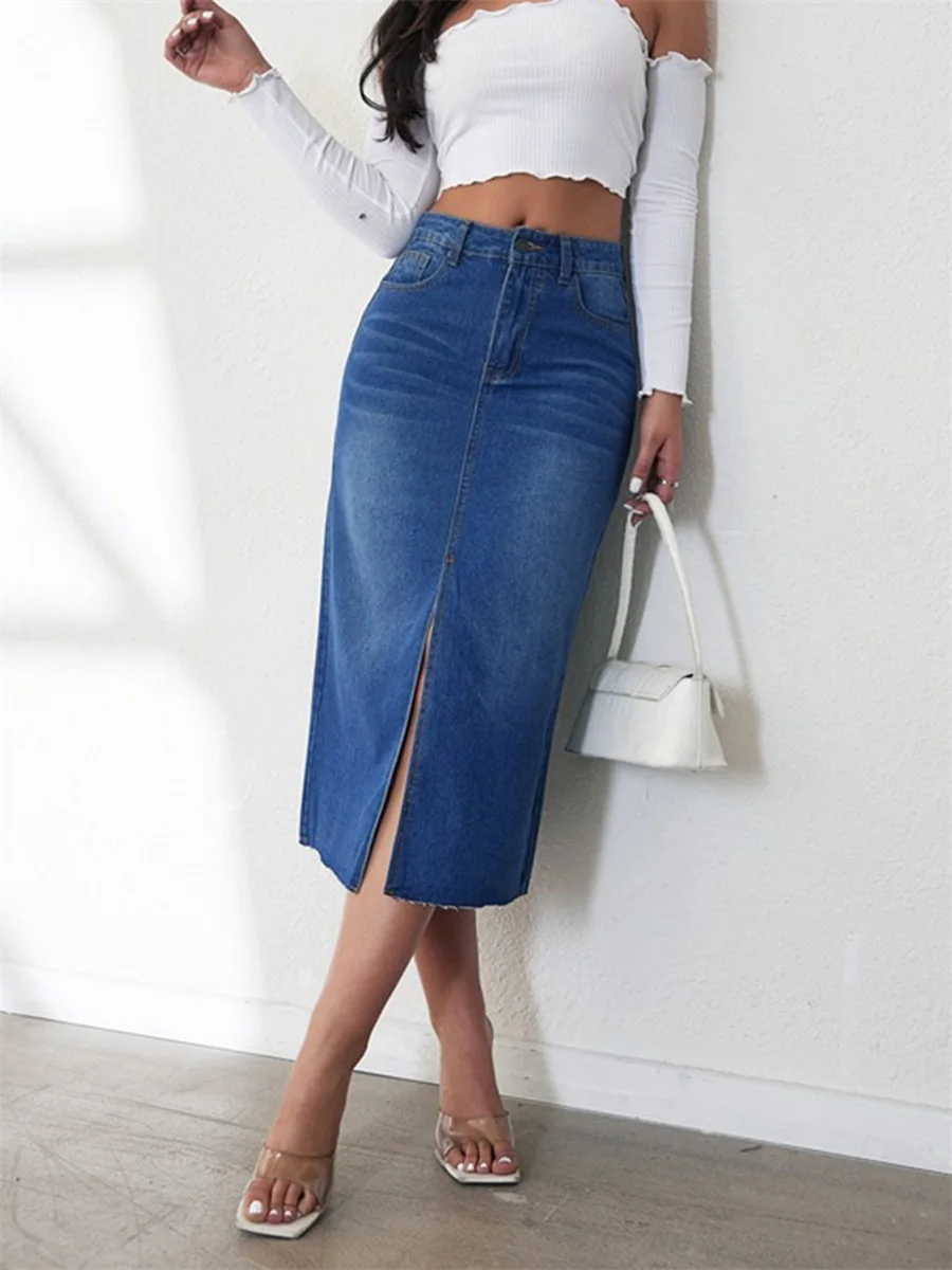 Women s High Waist A-Line Denim Skirt with Button Front Closure and Side Pockets Vintage Washed Jean Midi Skirt Casual Long
