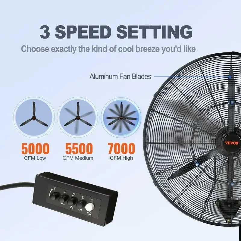 VEVOR Wall-Mount Misting Fan, 3-speed High Velocity Max. 7000 CFM, Waterproof Oscillating Industrial Wall Fan 3
