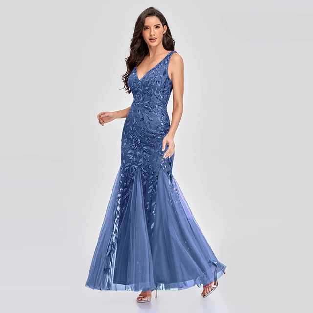 Sleeveless V-neck Tulle Sequins Cocktail Dresses V-back Mermaid Party Prom Gowns Women Formal Occasion Embroidered Robe Vestioes Dusty Blue