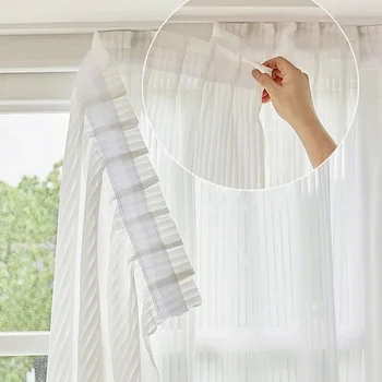 Punch-Free Semi Sheer French Curtain Self-Adhesive Privacy Striped Drapes Window Treatment Light Filtering for Door Tricia Decor