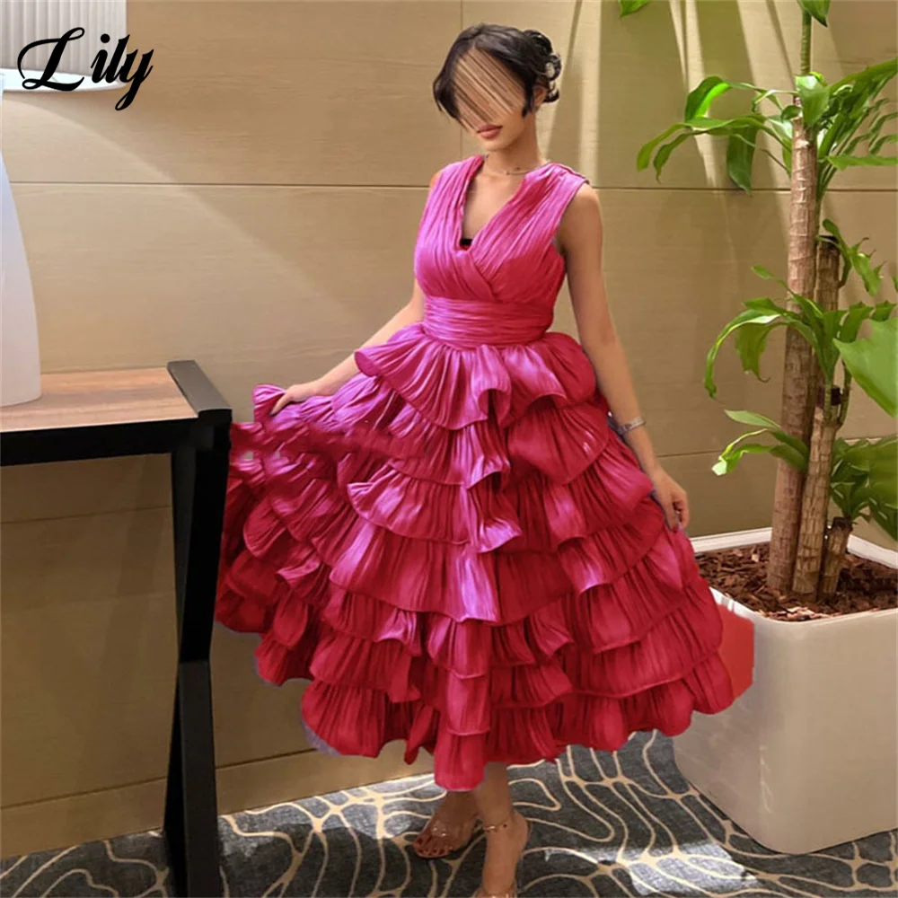 

Lily Fuchsia Stain Long Party Dresses V Neck Tea Length Vintage Night Dresses Tiered Layer Celebrity Dresses vestidos de fiesta