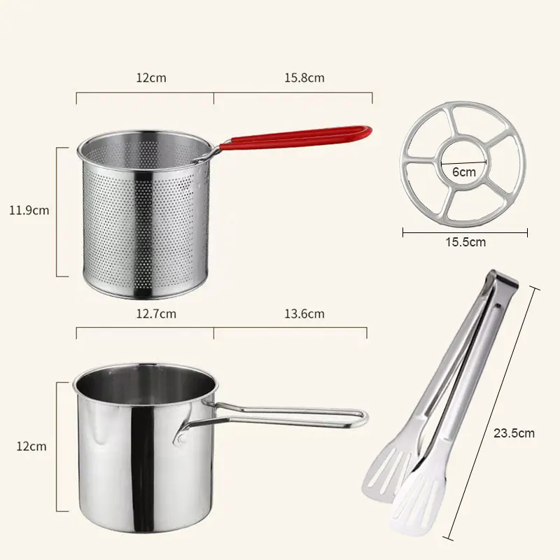 Frituurpan, friteuse pan met mand 2 stks/set 1200 ml behandeld roestvrij staal chippanna ongecoat spiegel gepolijste geborsteld braadpannen voor frietjes vis kippenvleugels