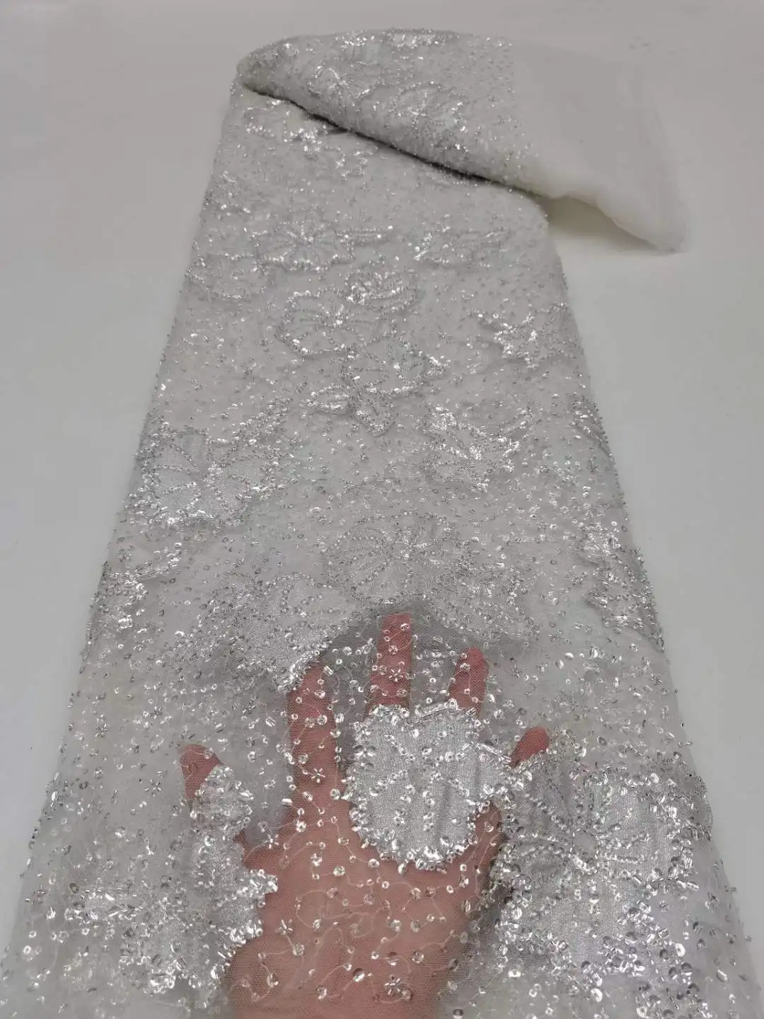 

African Lace Fabric 2023 High Quality Lace White Nigerian Lace Fabrics Eleght Beads Sequins French Tulle Lace Fabric For Wedding