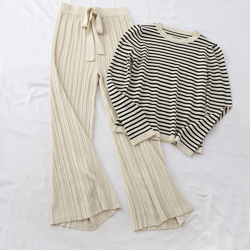 

Knitted Women Striped Pullover Loose Long-Sleeved Casual Female 2 Piece Pant Outfits Top Wide High Waist Lace Up Leg Pants