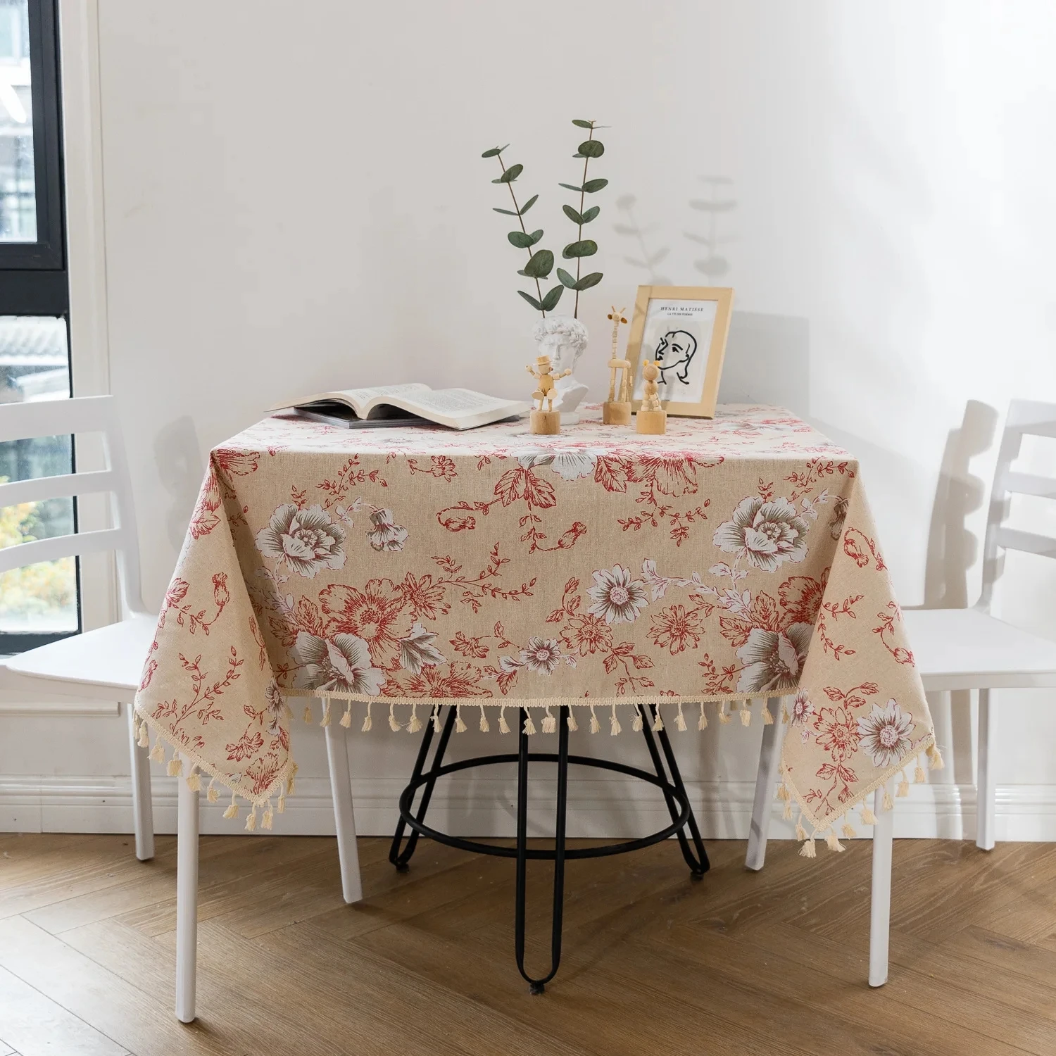 

Flower pattern printed tablecloth, customized size cotton linen blend rectangular dining table set,