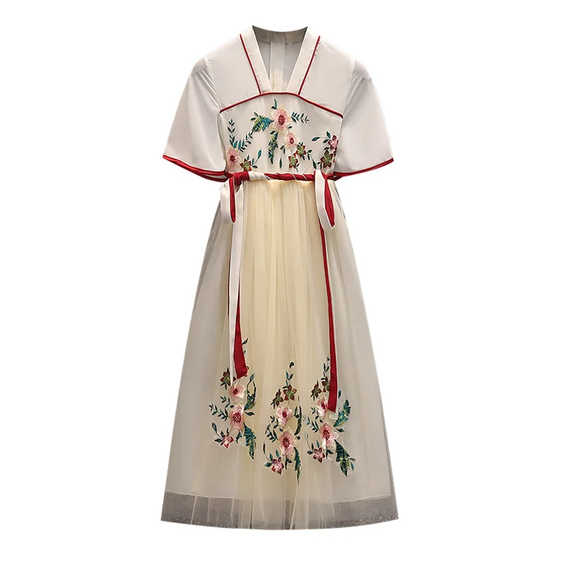 

Elegant Chinese Long Mesh Dresses Summer Women Plus Size Embroidery Square Collar Short Sleeve A Line Slim Casual Loose Robe2022