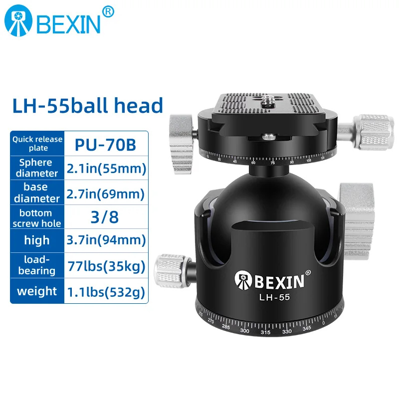 Low Center of Gravity 55mm~28mm Tripod Ball Head Double U Notch Ultra-low Profile Damping Setting CNC Ballhead Heavy Duty tripod ball head
