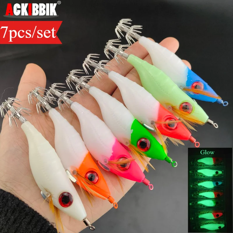 Ackibbik 7pcs Glow Squid Jig 10cm - Leurres calmars lumineux fluo pour pêche mer nocturne