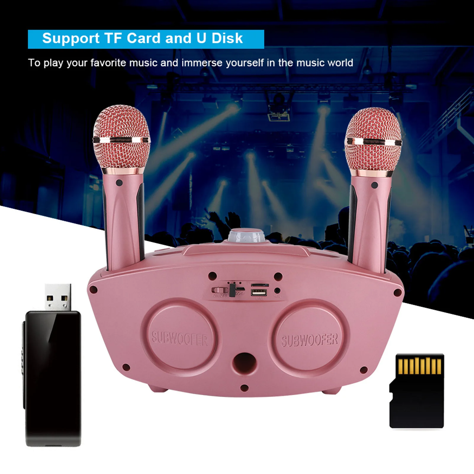 Home Karaoke Karaoke Machine Speaker Wireless Bluetooth Speaker Machine Home 2 Mircophones FM Radio Rose Gold