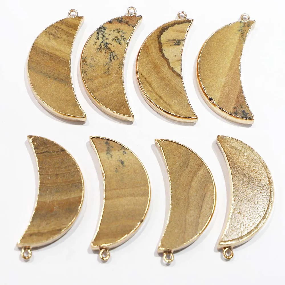 Fashion Natural Picture Stone Crescent Moon Necklace Pendant Gilt Edge Reiki Charms Making DIY Jewelry Accessorie Wholesale 6Pcs
