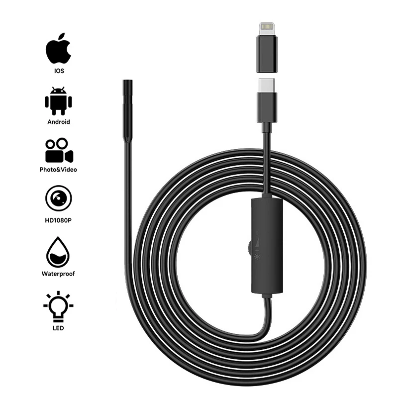 TYPE-C Industrial Endoscope HD1080P 8MM/5.5MM Probe Car Pipe Inspection Borescope Camera LEDs Waterproof for IOS Android Phones 1