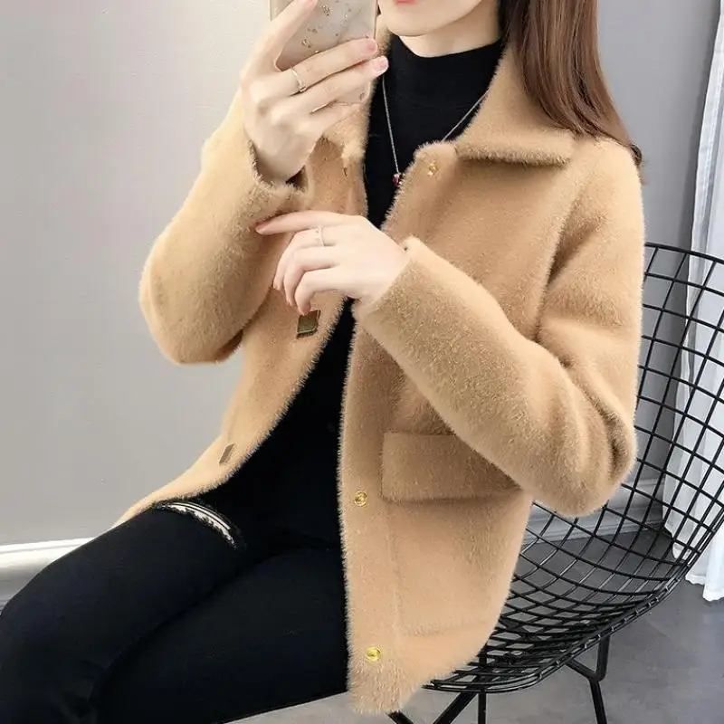 Elegant Knitted Cardigan Women Imitation Mink Cropped Sweater Coat Sweet Bow Knitwear Korean V Neck Soft Casual Jumper Tops New