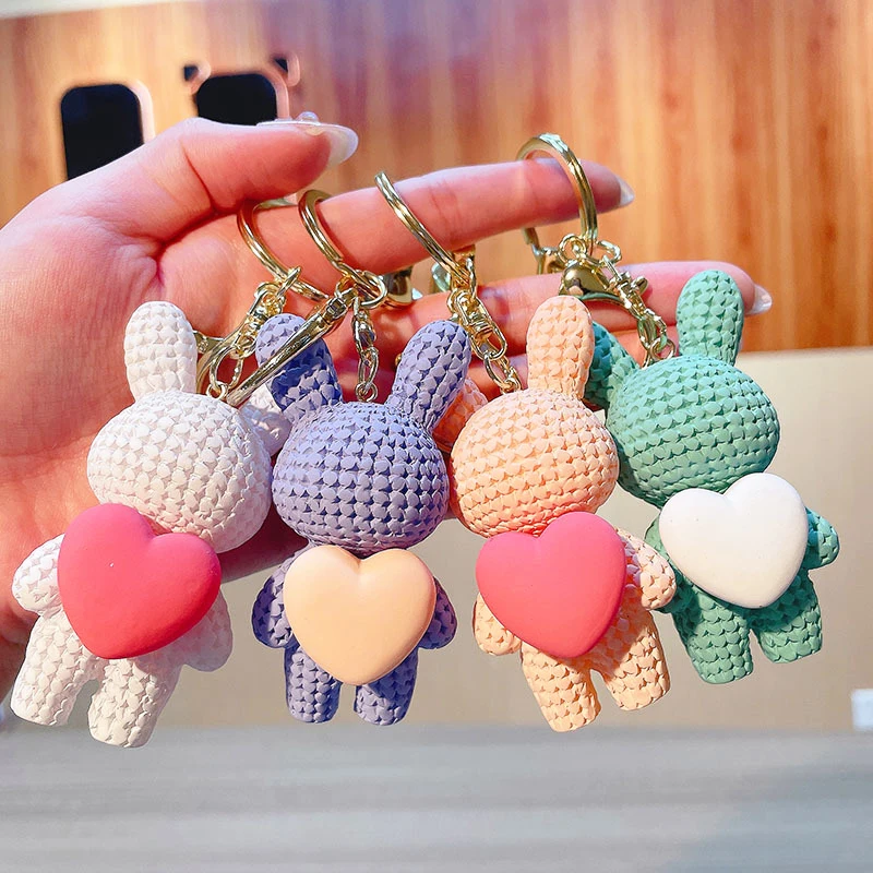 

Cute Love Heart Rabbit Keychain Imitation Weaving Resin Key Ring Fashion Doll Bag Pendant Wrist Strap Car Key Ring Girls Gift