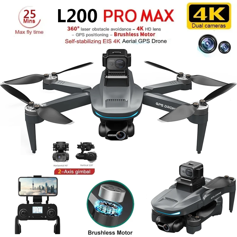 

L200 PRO MAX Drone 4K 2-Axis PTZ HD Dual Camera 360° Laser Obstacle Avoidance Brushless Motor GPS 5G WIFI RC FPV Quadcopter Toys