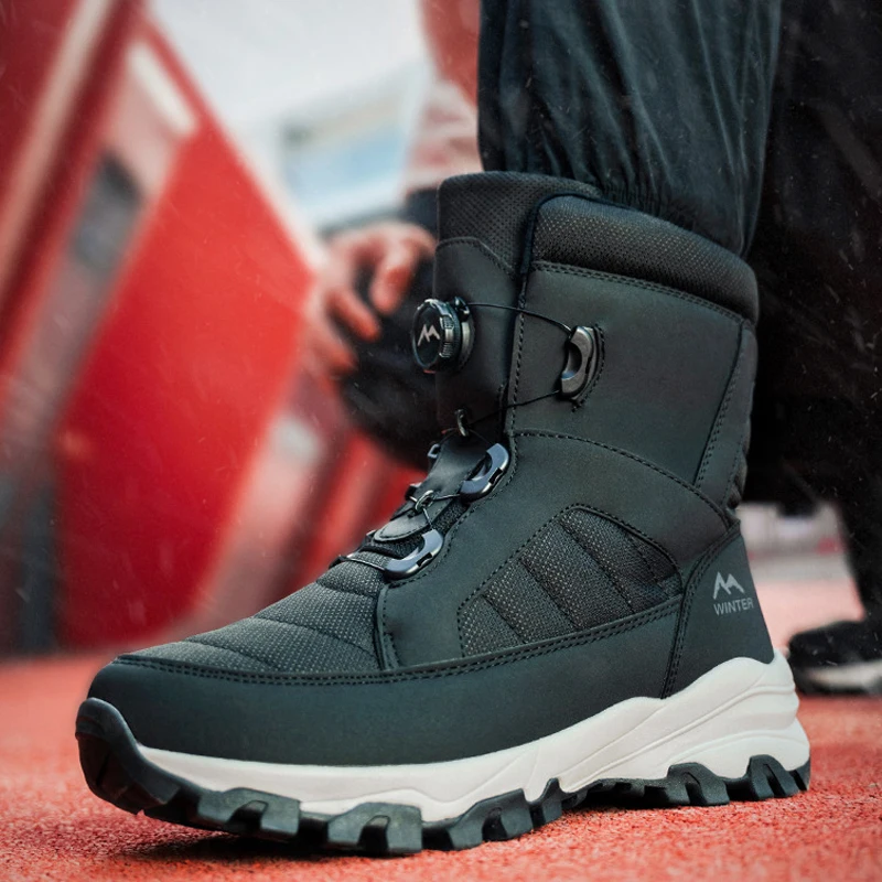 New Rotating Button Men's Snow Boots Warm Plush Winter Boots Waterproof Outdoor Hiking Wear Resistant Anti Slip Male