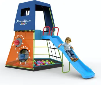 Adventure Climbing Fort with Platform, Playground Slide and Play Tent, Outdoor Jungle Gym for Backyard, Kids Ages 3-10 1
