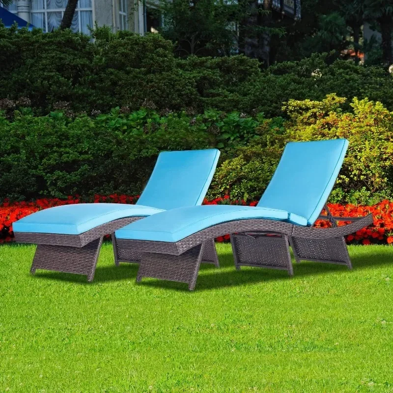 Lounge Chair Set of 2 Outdoor Rattan Sunbathing for Outside Reclining Chair with Cushion Blue S Type Adjustable Backrest Wheels