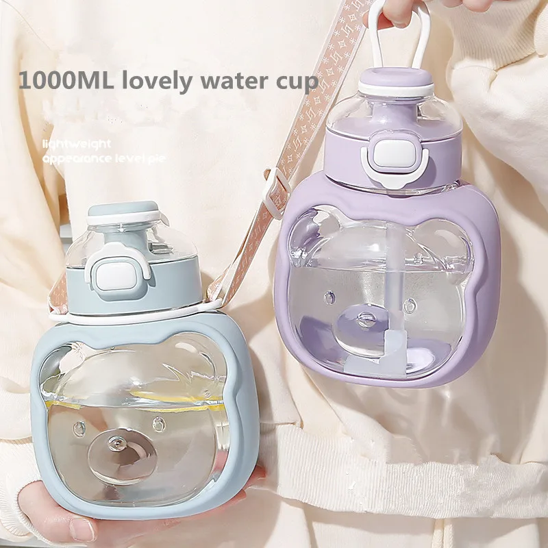 

1000ML Water Bottle for Kid Large Capacity Kawaii Plastic Cup with Straw Portable Children School Outdoor Sports Travel
