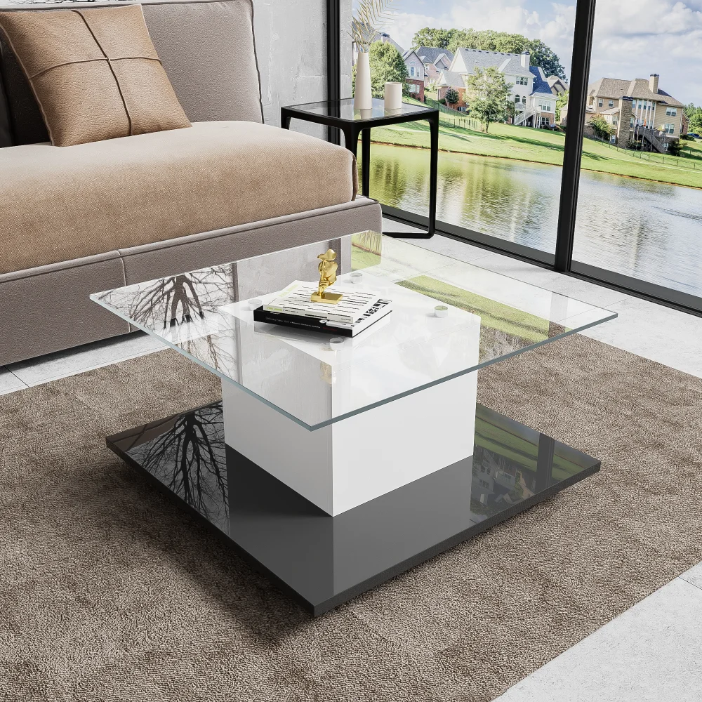 Moderner Wohnzimmer-Couchtisch, Hochglanz-Couchtisch aus Glas, mobiler Sofatisch mit drehbaren Rädern, geeignet für das Wohnzimmer – Detail 7
