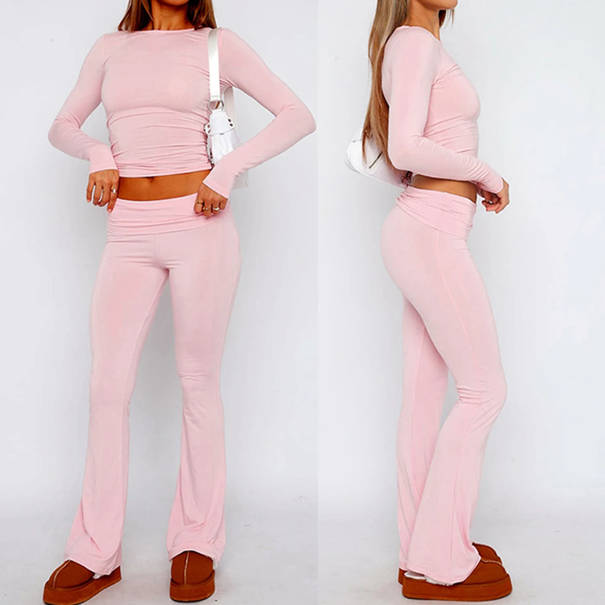 Sexy Yoga Flare Pants Crop Top Set Women's Autumn Casual Slim Fit 2 Suit Fitting Wide Leg Pant Female Vintage Cotton Lounge Set