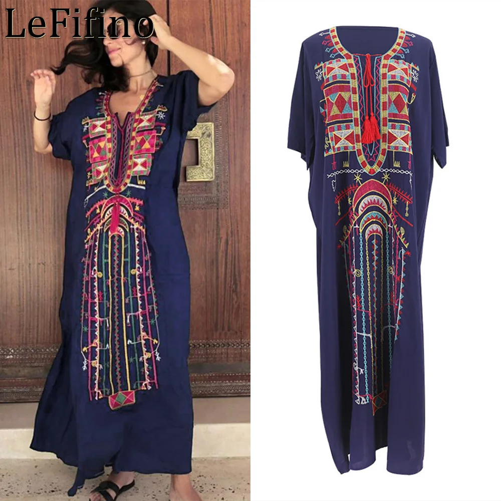 

New Summer Fashion Cotton V-neck Embroidered Geometric Pattern Long Robe Sexy Beach Skirt Vacation Dress Bikini Cover Up Women's
