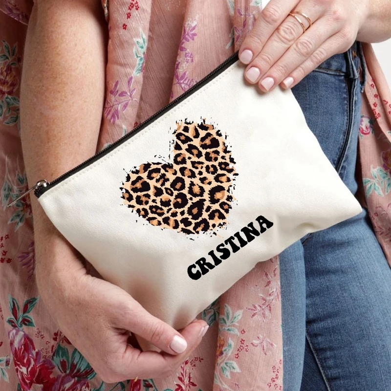 Heart Leopard Pattern Name Customization White Makeup Bag Canvas Wash Bag Organizer Fashion Travel Lipstick Storage Bags Wallet 3