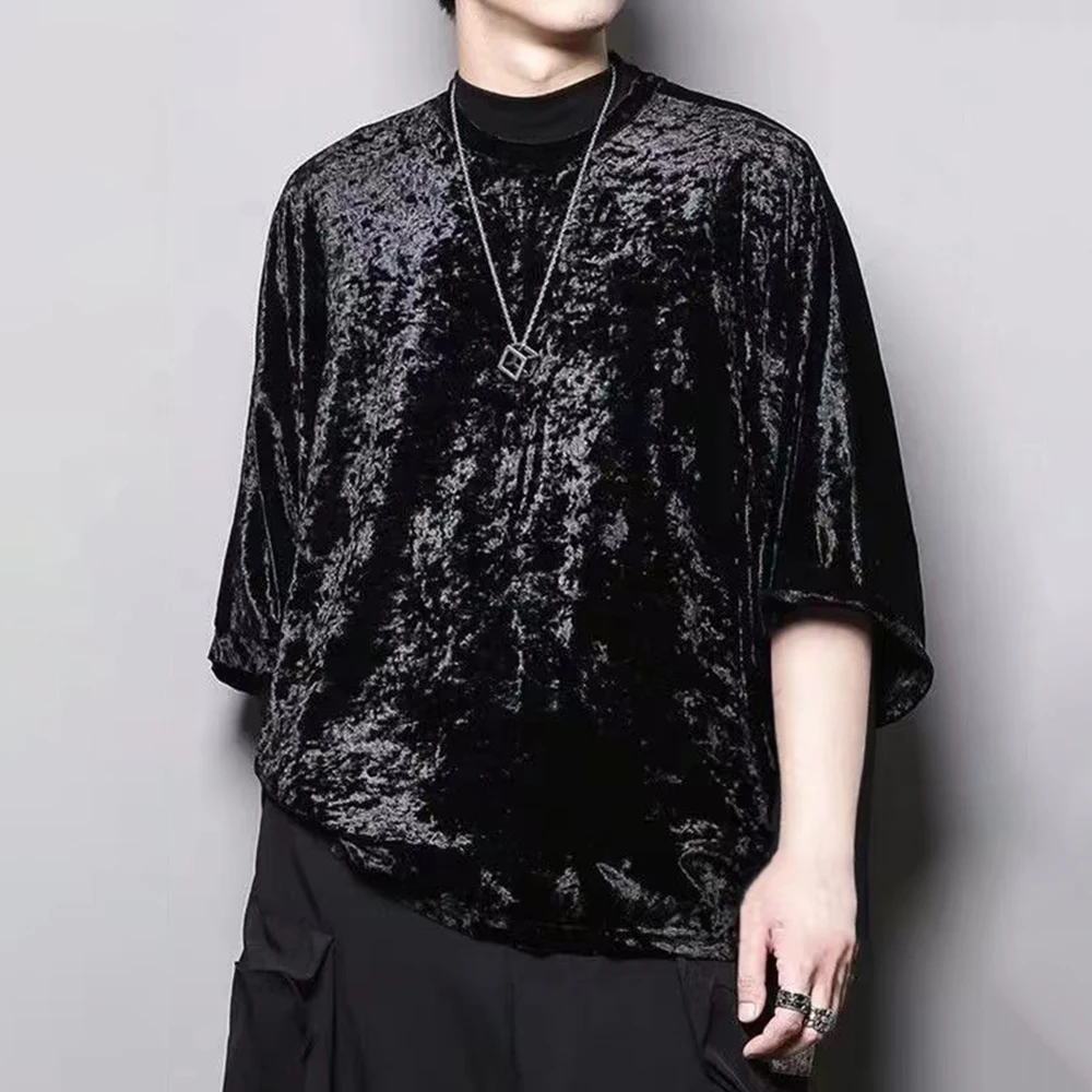 

Dark High-quality Personalized Velvet Round Neck Three-quarter Sleeve T-shirt 2023 Summer Men's Loose Bat-style Round Neck Top