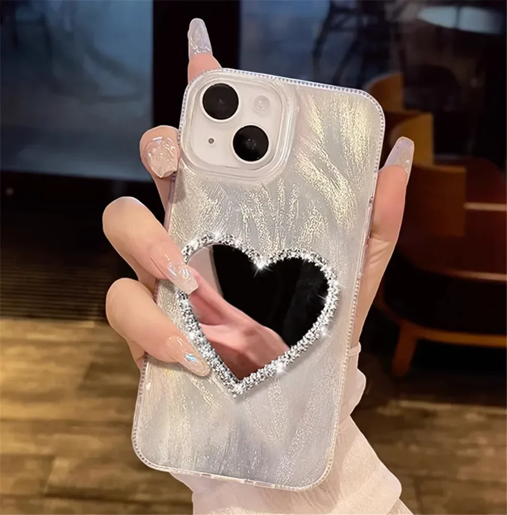 Luxury Diamond Heart Mirror Phone Case - Laser Shockproof Soft Silicone Back Cover