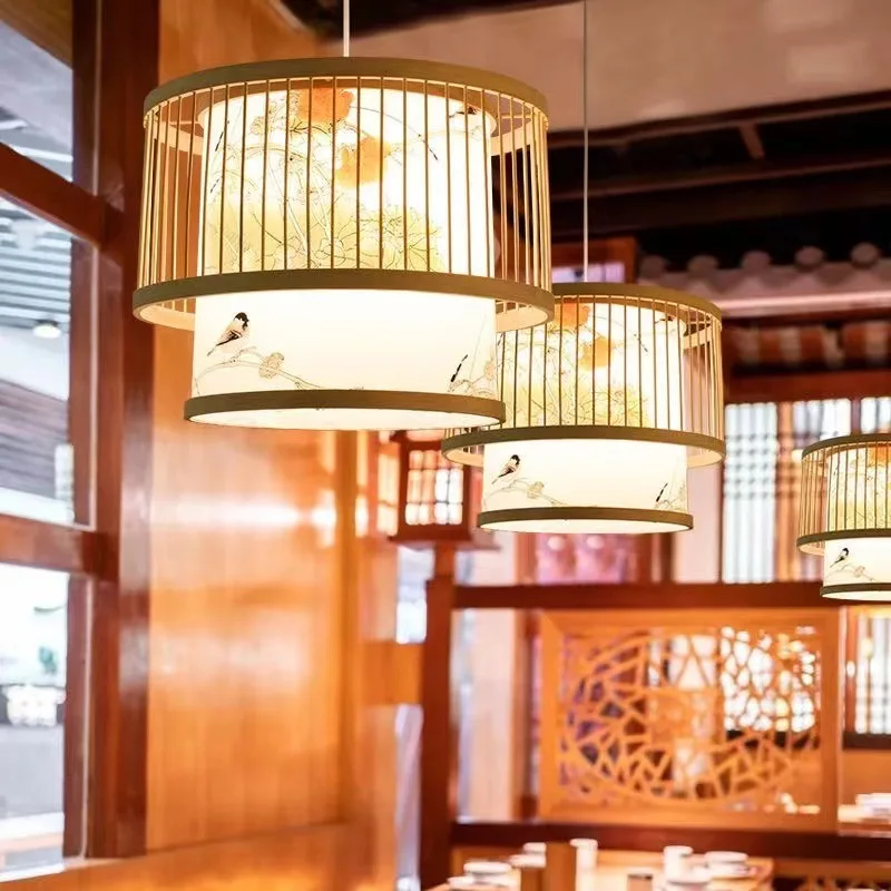 Japanese Style Bamboo and Wood Woven Pendant Light Chinese Dining Table Chandelier E27 LED Indoor Lighting Fixtures Home Decor