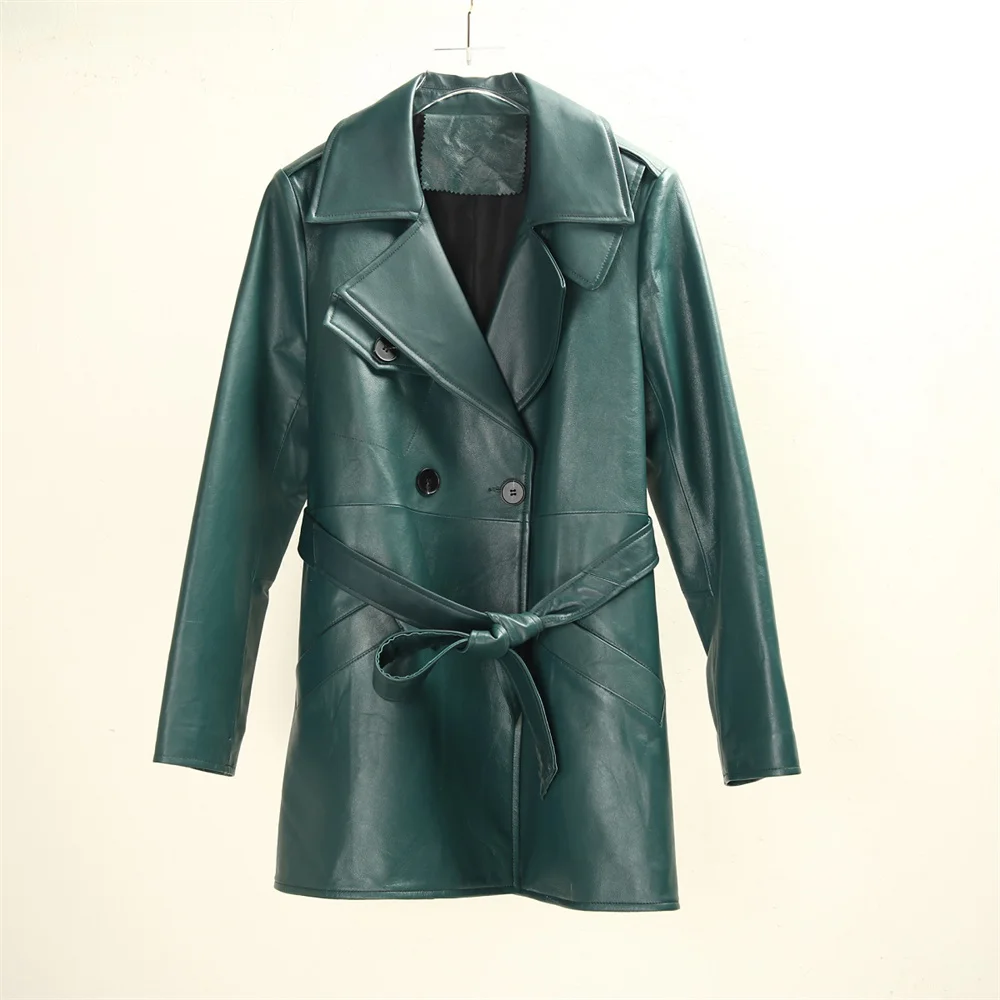 

Женский зеленый тренчкот из натуральной кожи, облегающие кожаные куртки средней длины, весна-осень 2023