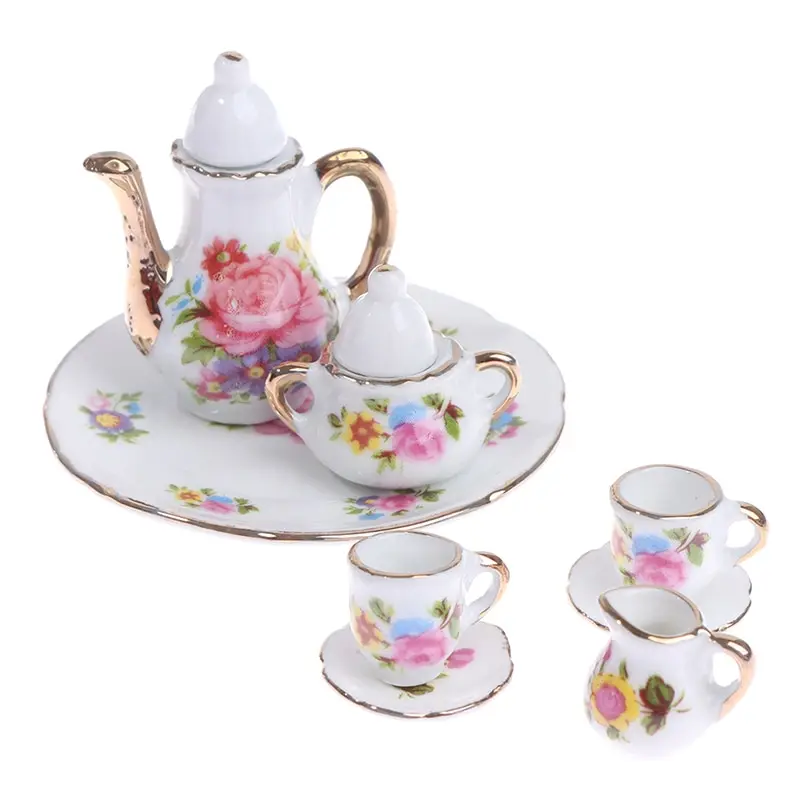 

5/8Pcs/set 1:12 Kitchen Flower Pattern Porcelain Dish Pot Tray Cups Teapot Dollhouse Miniature Mini Cute Coffee Tea Set