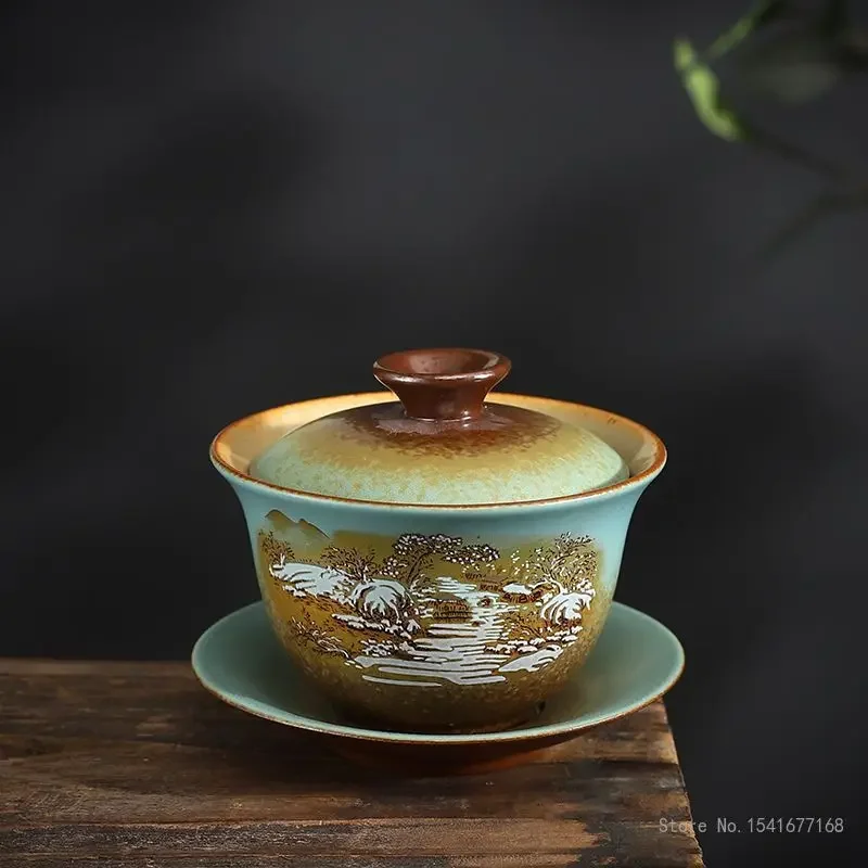 Creative Chaishao Kiln Glazed Three Talent Covered Bowls, Vintage Ceramic Household Chinese Kung Fu Tea Set Brewing Tea Bowl 1Pc